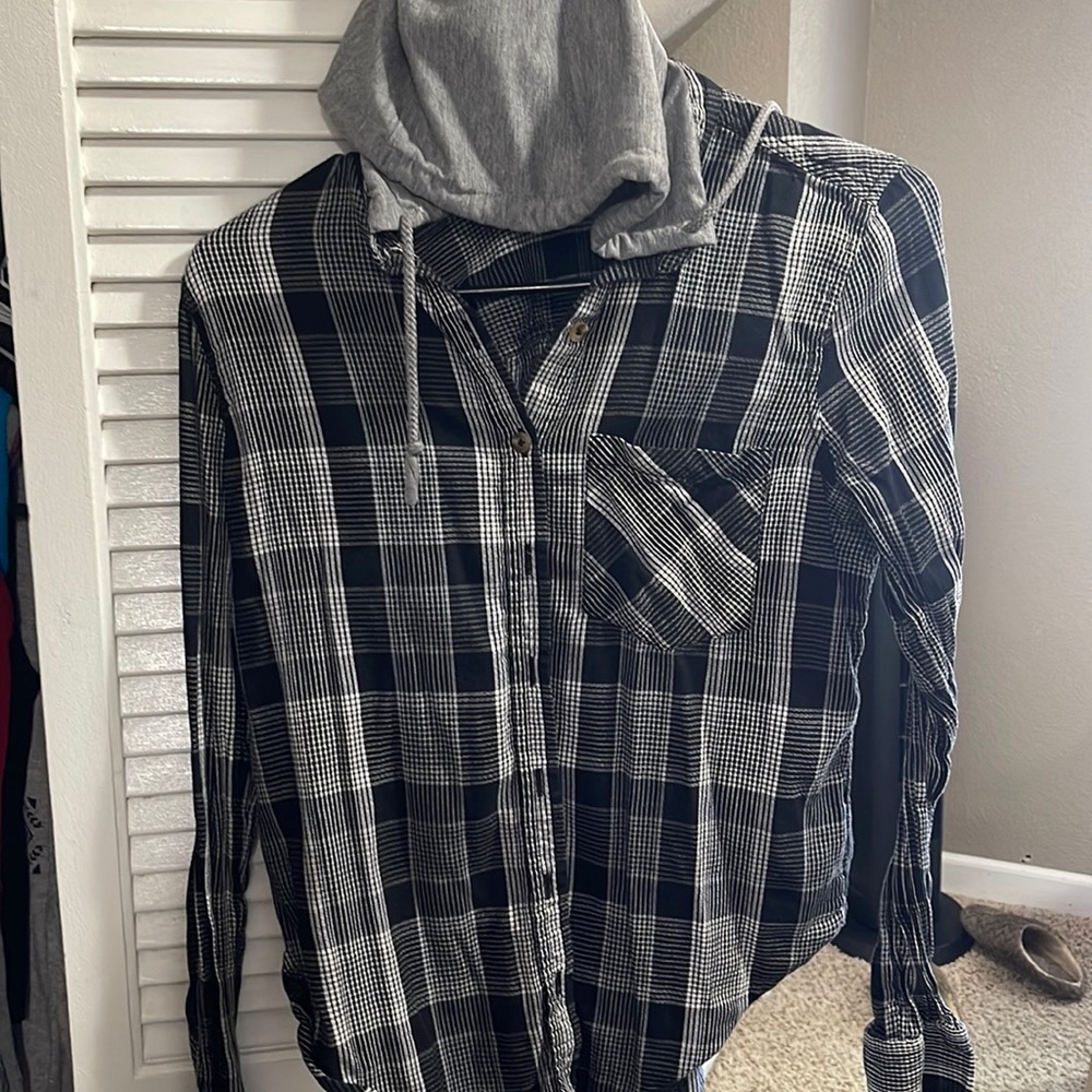 Plaid/tshirt hooded button up shirt. Black and gray with some white.